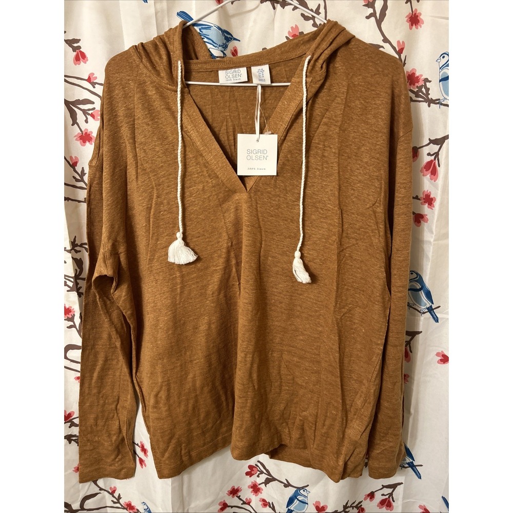 Sigrid Olsen Women's Medium 100% Linen Knit Lightweight Pullover Hoodie Light Br